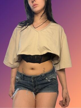 Casual Tan V-Neck extra Crop Top